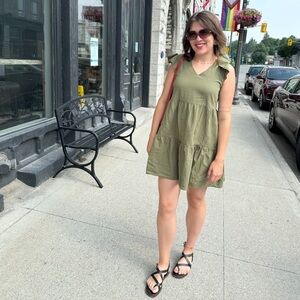 Olive Green Tiered V-Neck Cotton Dress